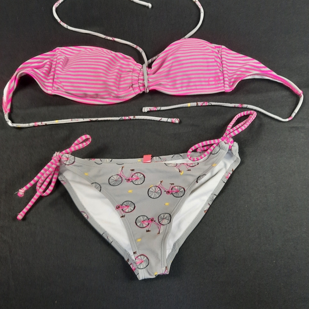 Bikini Two Piece Swimsuit w/ Bicycles and Neon Pink Grey Striped Mixed Sizes S/M